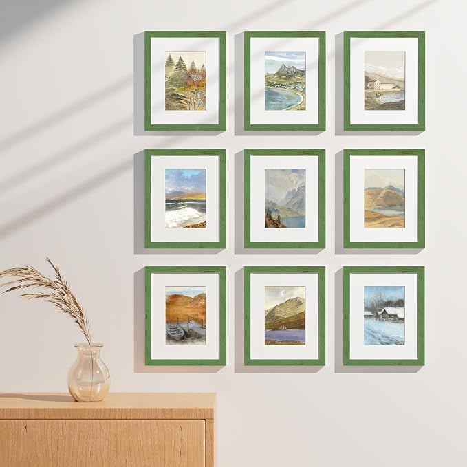 Vittanly 8x10 Picture Frames Set of 9, Wall & Tabletop, Rustic Green | Display Pictures 5x7 with Mat or 8x10 without Mat, Small Photo Frames, Engineered Wood with Shatter Resistant Plexiglass