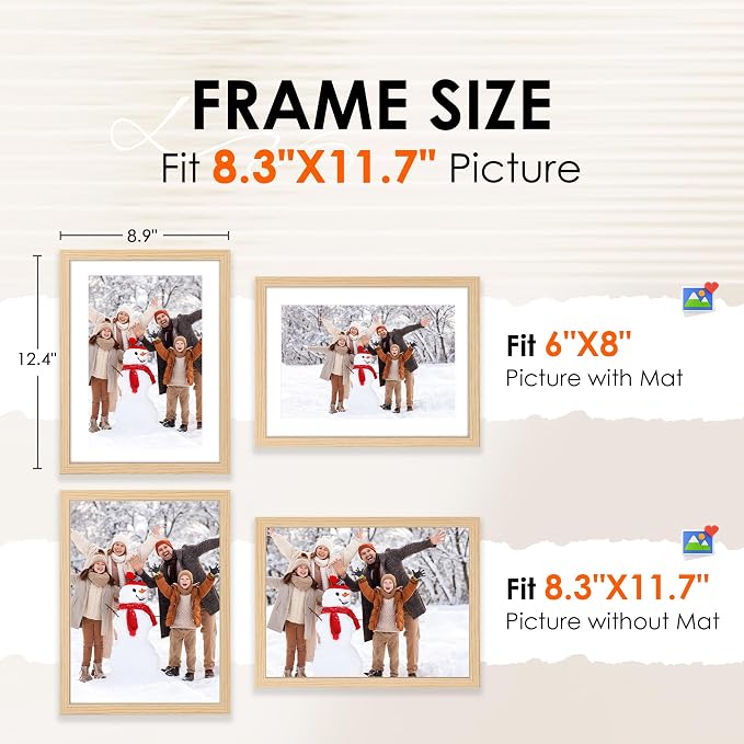 A4 Picture Frame Set of 2, Natural Photo Frame with HD Plexiglass, Display Pictures 6x8 with Mat or 8.3x11.7 Without Mat Multi Picture Frames Collage for Tabletop or Wall Display