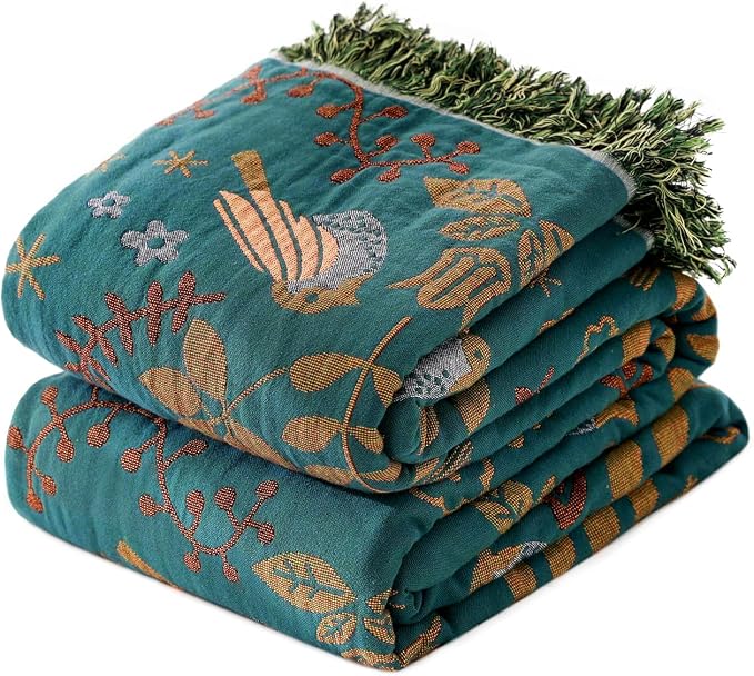 LUTBM Queen Throw Blanket for Bed, 100% Cotton Boho Soft Quilt Room Decor | Reversible Floral Bird Jacquard, 90"x90" All-Season Bedspread, For Chair Sofa Couch Bedroom, Lightweight Breathable Gauze