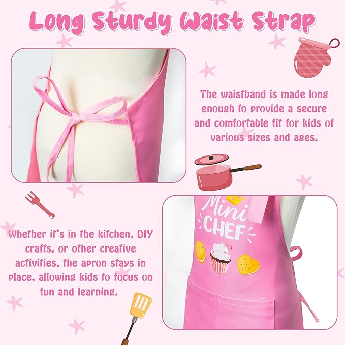 R HORSE Kid Apron and Chef Hat Set 2Pcs Adjustable Children Light Pink Kitchen Toddler Apron for Girls, Role Play Chef Toy Cooking Baking Painting and Training Kits Kid Funny Cooking Birthday Gift
