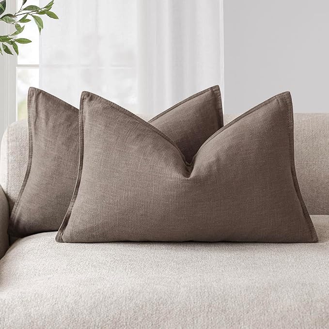 Foindtower Pack of 2, Decorative Linen Solid Throw Pillow Covers Accent Lumbar Cushion Case Boho Farmhouse Pillowcase for Chair Couch Sofa Bedroom Living Room Home Decor 12x20 Inch Light Coffee