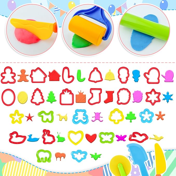 iShyan Dough Tools for Kids，40pcs Basic Dough Play Toys Includes Cutters, Roller, Rolling Pins, Safety Scissors