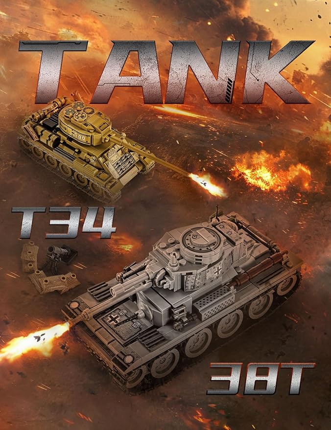 SEMKY Military Series 38T + T34 Tank 2 in 1 MOC Building Blocks（1000 Pieces）,WW2 Army Tank for Kid and Military Fan