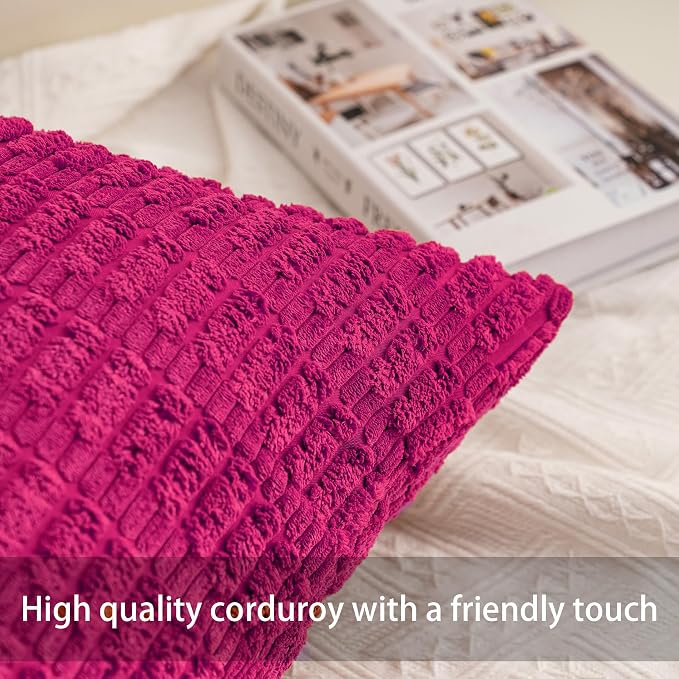 Pack of 2 Corduroy Decorative Throw Pillow Covers 18x18 Inch, Rose Red | Fall Soft Striped Pillow Covers Modern Farmhouse Home Decor Christmas Throw Pillow Covers for Sofa Living Room Couch Bed