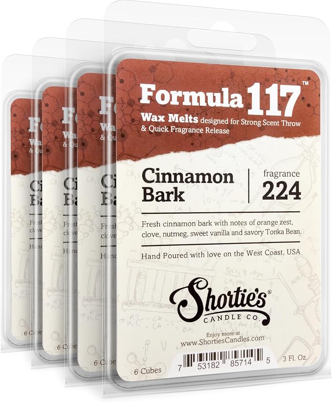 Shortie's Candle Company Cinnamon Bark Premium Wax Melts 4 Pack - 12 Oz., Strong & Long Lasting, Non-Toxic - Made with Essential & Natural Oils - Formula 117