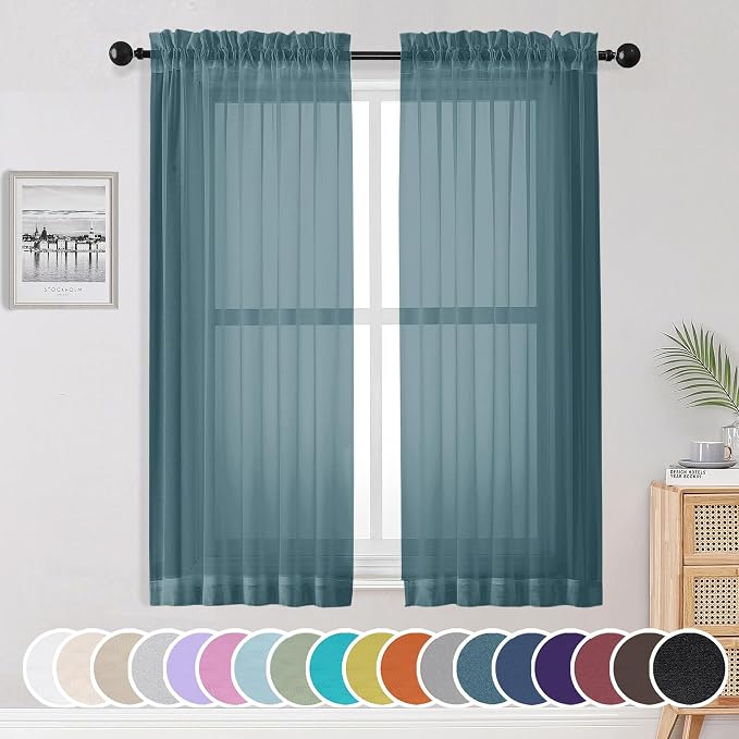 OWENIE Sheer Curtains, 63 inch Length Set of 2, Rod Pocket Light Weight Voile Curtains & Drapes for Bedroom & Living Room, Each 42Wx63L inch, Dusty Blue