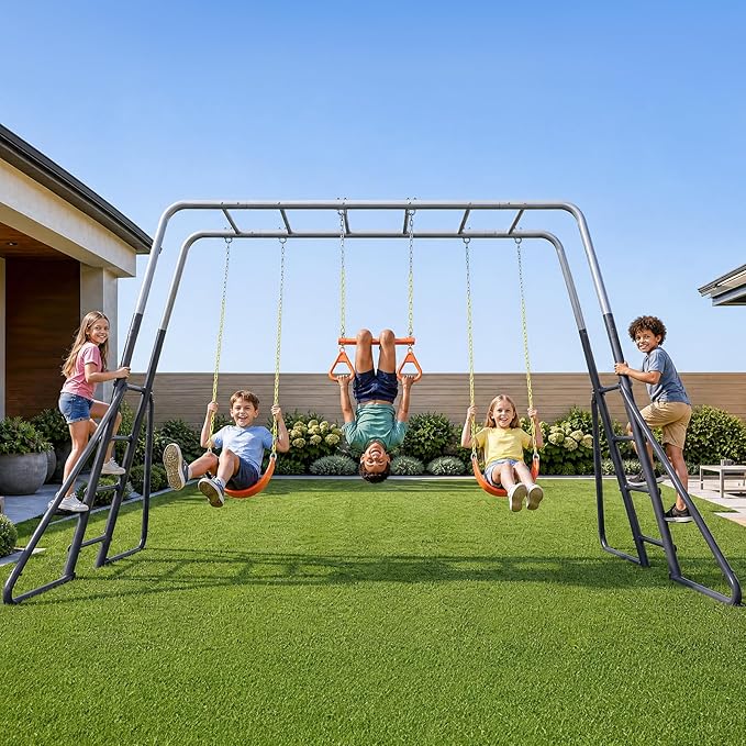Hapfan Swing Sets for Backyard with Monkey Bars, 2 Belt Swings & Trapeze Bar- Heavy Duty Metal Outdoor Playground Sets for Kids, Backyard Playset (Dark Blue & Grey)