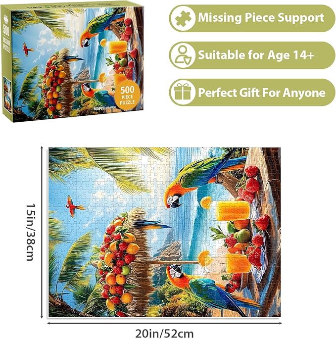 Puzzles for Adults 500 Pieces, Fruit Parrot Beach Puzzle, Tropical Ocean Summer Jigsaw Puzzle 500 Piece for Adults Seniors, Perfect for Game Night Giving Puzzle Family Friends, 20.5x15 in