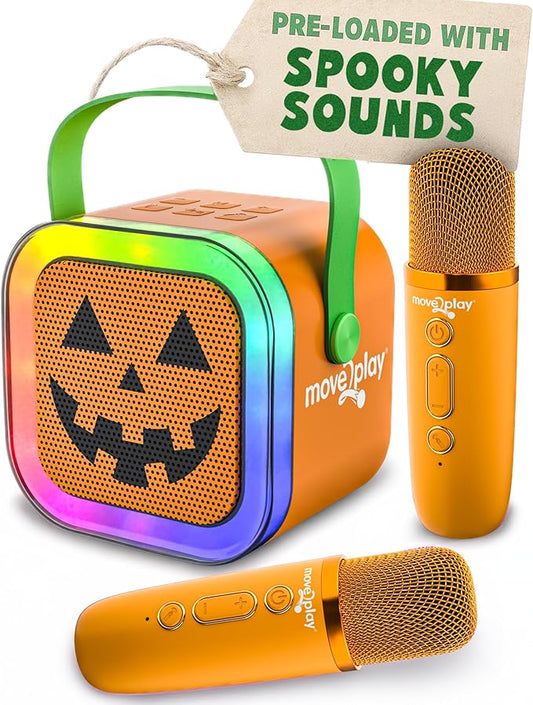 Move2Play, Halloween Karaoke Machine | Spooky Soundtrack & Voice Effects | Includes 2 Microphones | Bluetooth Wireless Music Player | Indoor & Outdoor Halloween Decoration for Kids & Adults