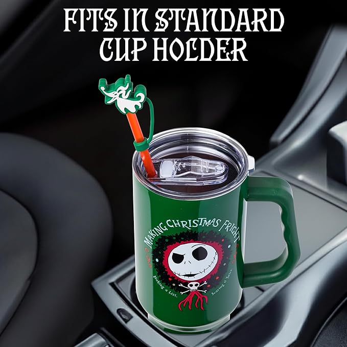 Silver Buffalo Disney Nightmare Before Christmas Making Xmas Fright Jack Skellington & Zero Double Walled Stainless Steel Tumbler w Handle, Straw, and Straw Cap, Fits in Standard Cup Holder, 40 Ounces