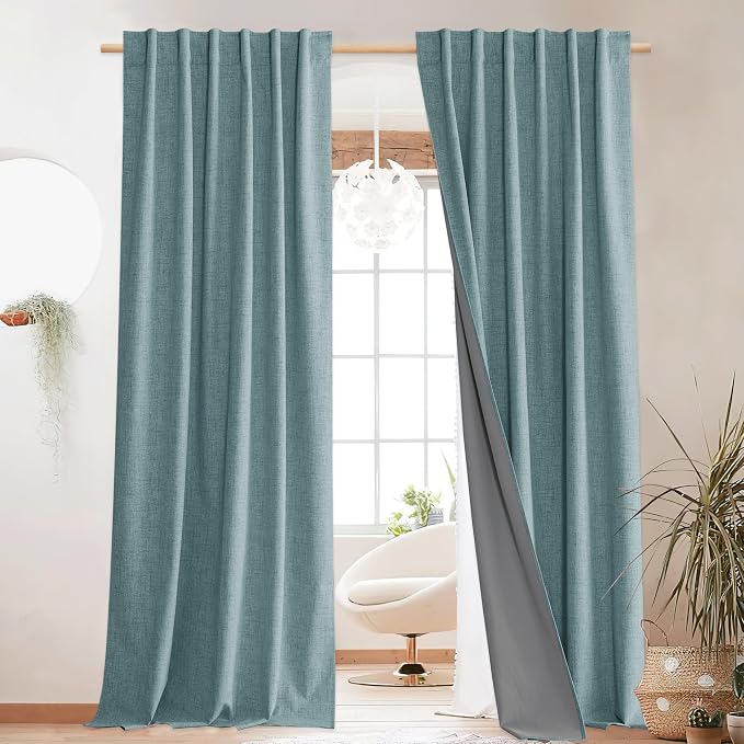 NICETOWN 100% Blackout Skylark Blue Linen Curtains 90" Length with Thermal Insulated Liners, Farmhouse Style Room Cooling Small Window Draperies for Dining Room (2 Panels, 52" W)