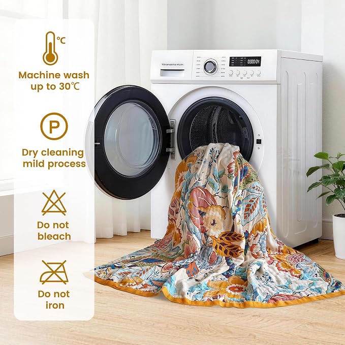 MSGKV Boho Throw Blanket 60"x80" Summer Cotton Floral Blanket for Couch Bed | Muslin Throw, Floral Pattern, Reversible Woven, Twin Size Blanket, Lightweight Comfort, Farmhouse Decor, Machine Washable