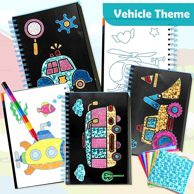 FUNNYB&G Foil Art Crafts for Kids Ages 4-8: Valentines Crafts for Kids 2026,Birthday Gift for Girls,Art and Crafts Supplies,Party Favors,Creative Toys for Girls Boys 4 5 6 7 8 9 Years Old (Vehicle)