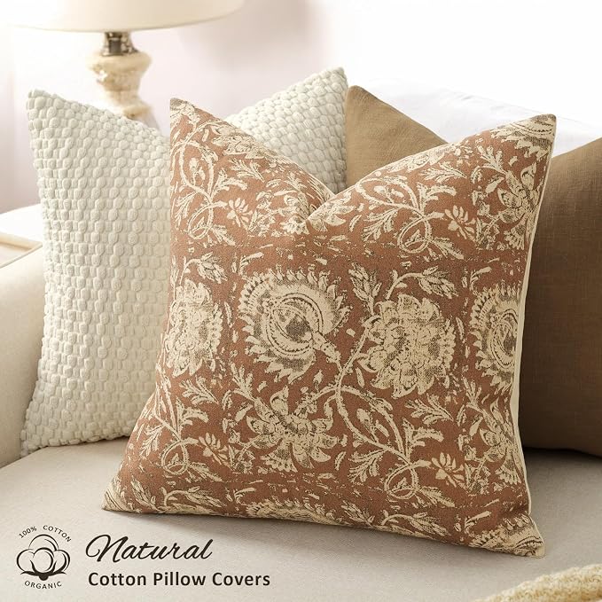 Vintage Floral Print Throw Pillow Covers 22x22 Set of 2 Neutral Modern Farmhouse Accent Decorative Cushion Covers Boho Home Decor for Couch Sofa Chair Bed Living Room, Cognac