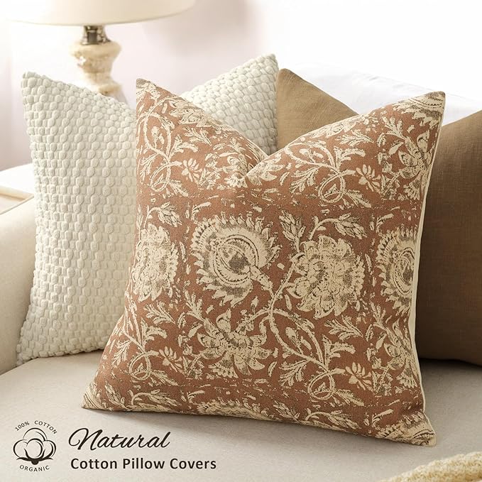 Vintage Floral Print Throw Pillow Covers 24x24 Set of 2 Neutral Modern Farmhouse Pillowcases Accent Decorative Cushion Covers Boho Home Decor for Couch Sofa Chair Bed Living Room, Cognac