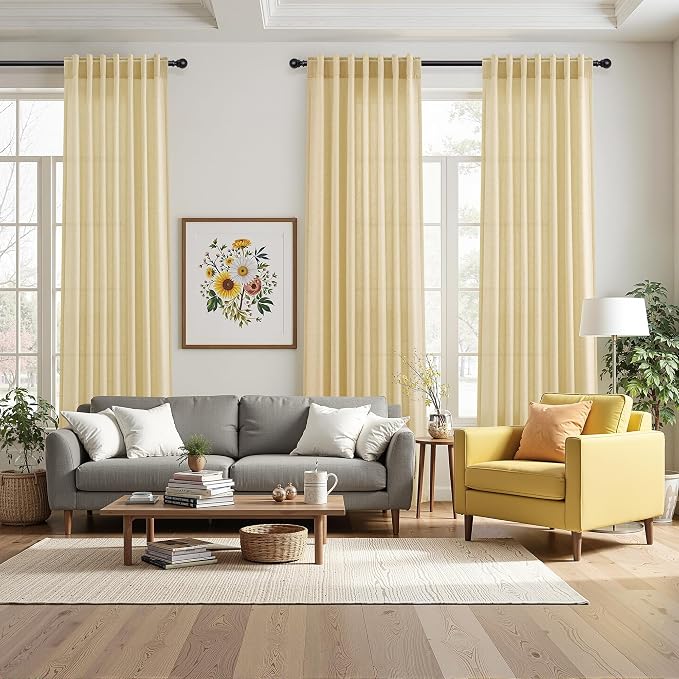 Nanspring Cream Yellow Curtains 96 Inch Length 2 Panels Set for Living Room Linen Light Filtering Modern Farmhouse Curtain Back Tab and Rod Pocket Privacy Sheer Drapes for Bedroom Office 52x96