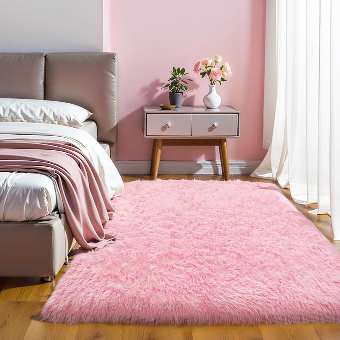 KICHOWUA 4x6 Thick Pink Fluffy Shag Plush Washable Rug for Girls Bedroom | Area Rug for Kids Room, Nursery, Dorm, Living Room, Non Slip Shaggy Carpet