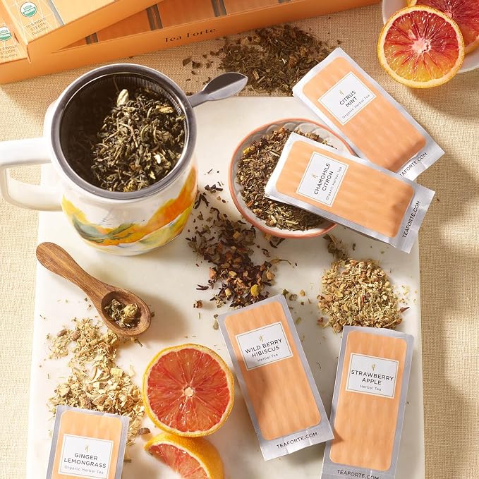 Tea Forte Single Steeps Loose Leaf Tea Sampler, Assorted Variety Tea Box, 15 Single Serve Pouches, Herbal Tea