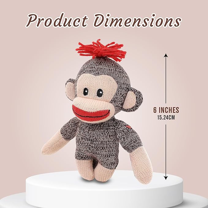 Plushland Adorable Sock Monkey, The Original Traditional Hand Knitted Stuffed Animal Toy Gift-for Kids, Babies, Teens, Girls and Boys Baby Doll Present Puppet 6 Inches (Curioso)