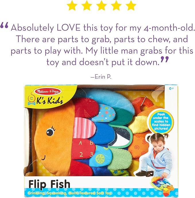 Melissa & Doug K’s Kids, Flip Fish Stuffed Animal, Soft Baby Book, Multi-Textured Squeaking & Crinkling Infant Sensory Toys for Babies with Baby Mirror, Tummy Time Toys for Infants Ages 0–9 Months