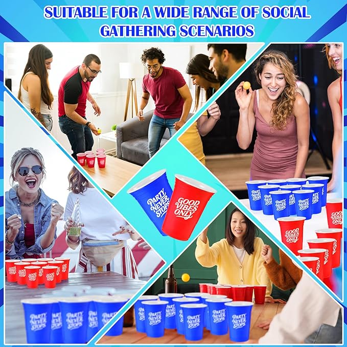 60PCS Cup Pong Game Set - 16 Oz Red & Blue Plastic Party Cups for Party Games, College Parties, Graduation Parties, Seasonal Parties, Family Gatherings and Back to School Events (red+blueS1)