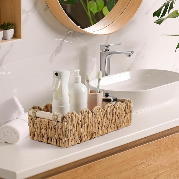 Bathroom Decor Basket for Toilet Paper Storage Baskets For Organizing | For Bedroom Living Room Kitchen Home Decor Scalloped Cute Basekt With Handle for Apartment Countertop,Natural