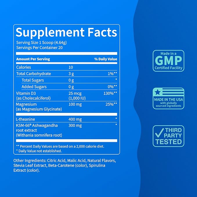 Nello Supercalm Powdered Drink Mix Tub, Cortisol Reducer* and Sleep Aid Supplement, L Theanine, Ksm-66 Ashwagandha, Magnesium Glycinate, Vitamin D 3, No Sugar, Non GMO, 30 Ct, Cucumber Lime