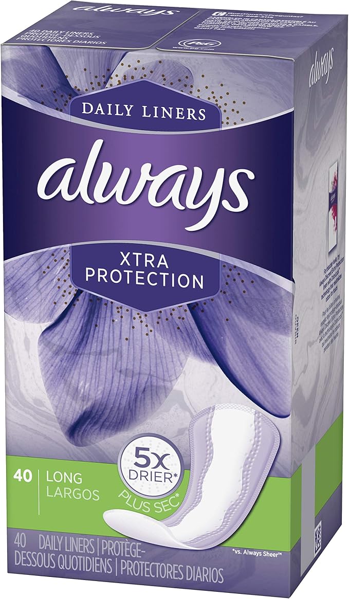 Always Xtra Protection Daily Liners Long Unscented, 40 Count