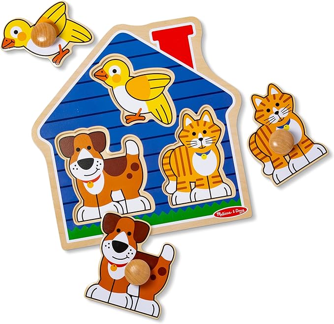 Melissa & Doug Pet Animals Jumbo Knob Puzzle, Wooden Peg Puzzle for Toddlers, Educational Toy for Shape Recognition and Fine Motor Skills, Ages 1+