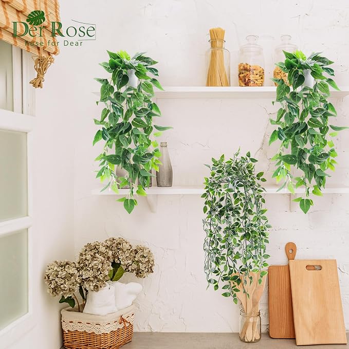 Der Rose 4Pcs Artificial Hanging Plants Fake Vines for Wall Shelf Decor | Fake hanging plant set with white pots, 2 plant styles and 2 of each for shower plants, bathroom walls and bedroom shelves