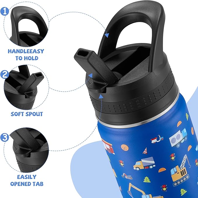 Kids Water Bottle,14oz Stainless Steel Insulated Water Tumbler Leak-Proof,School Water Mug,Small and Portable,Suitable for Boys and Girls to Use(Blue cartoon car)