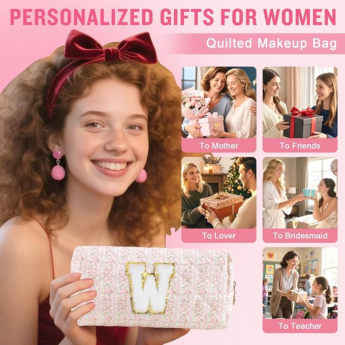Personalized Quilted Cosmetic Bag, Puffy Monogrammed Christmas Birthday Gifts for Women & Girls, Cute initial Floral Makeup Bag Puffer Coquette Bag, Aesthetic Travel Toiletry Zipper Pouch(Pink,W)