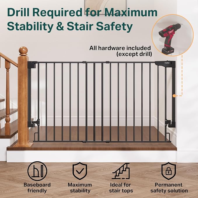 Cumbor 35.1–55" No Bottom Bar Baby Gate for Stairs, 2-in-1 Auto Close Dog Gate Indoor, Hardware Mounted Wide Pet Gate for Doorways with Large Walk Thru Door, Child-Proof Safety Gate for Kids (Black)