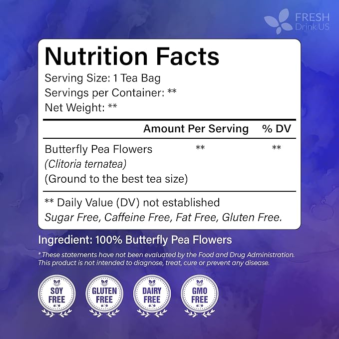 FreshDrinkUS, Premium 55 Blue Butterfly Pea Flowers Tea Bags, 100% Natural and Pure from Butterfly Pea Flowers, Made With Natural Material Tea Bag, No Sugar, No Caffeine, No Gluten, Vegan