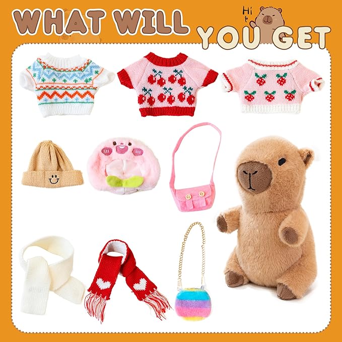 Capybara Plush with 10 Pcs Clothes & Accessories,Christmas Stuffed Animals, 10.2 in Cute Capybara Plush Toys,Birthday Gifts&Dress Up Cute Plushies for Boys/Girls (Spring-A)
