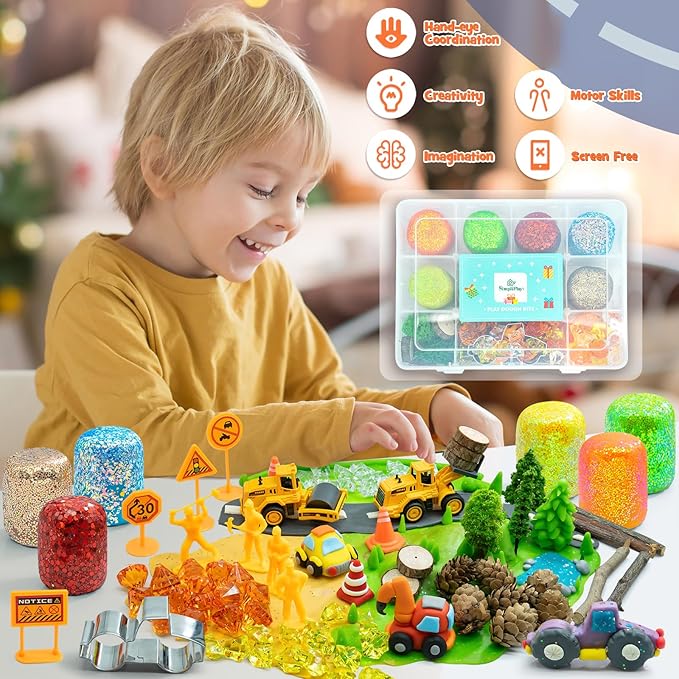 SIMPLIPLAY Construction Sensory Kit with 6 PCS 18oz Glitter Doughs & Accessories(About 80pcs), Color Dough Set, Construction Boy Sensory Kit with Toy Trucks for Kids Toddlers Creative Gift