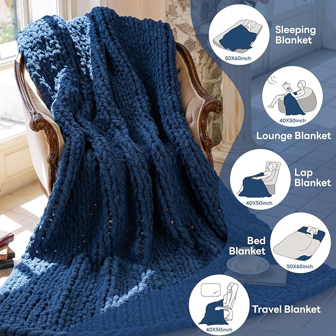 Chunky Knit Blanket - Luxury Soft Cozy 50 * 60 Throw Blanket,100% Woven Blanket Rope Knot Throw Blanket for Couch, Sofa, Home Decor, Gift - Machine Washable (Deep Blue, 50 * 60)