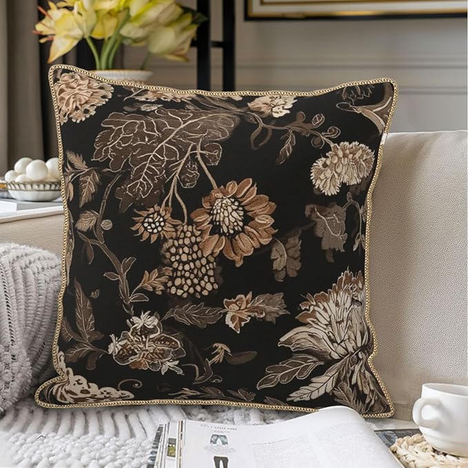 Vintage Black Floral Leaves Velvet Pillow Covers 16x16 Inch Brown Beige Tan Boho Flowers Throw Pillows For Couch Cushion Covers Pillowcase Farmhouse Bohemian Pillow Cases for Sofa Bed Bedroom