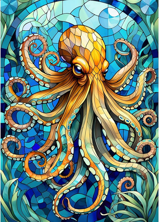 Sutinban Stained Glass Octopus Puzzle 1000 Pieces, 1000 Piece Puzzle for Adults, Coolest Adult Jigsaw Puzzle for Sea Creatures Lovers, Great Gift for Family, 27.5’’x19.7’’