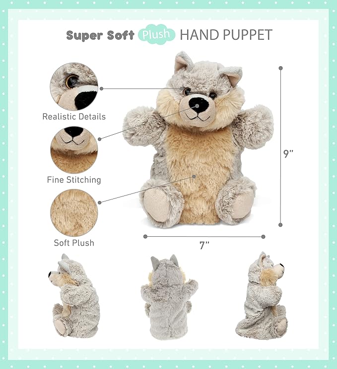 DolliBu Wolf Plush Hand Puppet for Kids - Soft Plush Stuffed Animal Hand Puppet Toy for Puppet Show Games & Puppet Theaters for Kids, Adult's Cute Puppets Educational Toy to Teach Children & Toddlers
