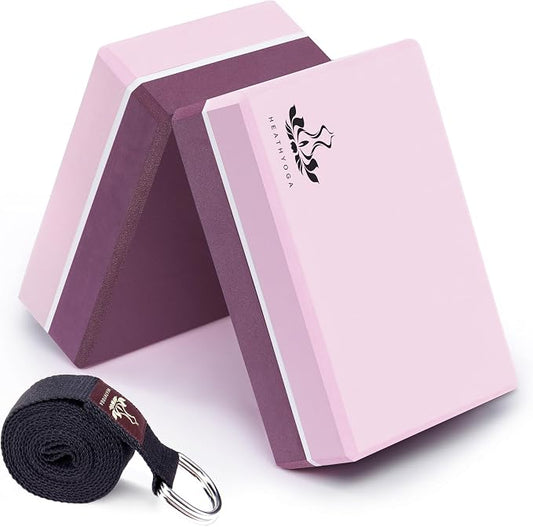 Heathyoga Yoga Blocks 2 Pack with Strap, High Density EVA Foam Yoga Block and Yoga Strap Set to Support and Improve Poses and Flexibility