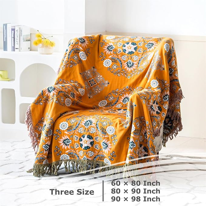 LUTBM Boho Throw Blanket for Bed 100% Cotton Soft Lightweight Quilt Reversible Summer Blanket Floral Embroidery Home Decor Bed Blankets,90"x98" All Season Blankets for Sofa Couch Chair