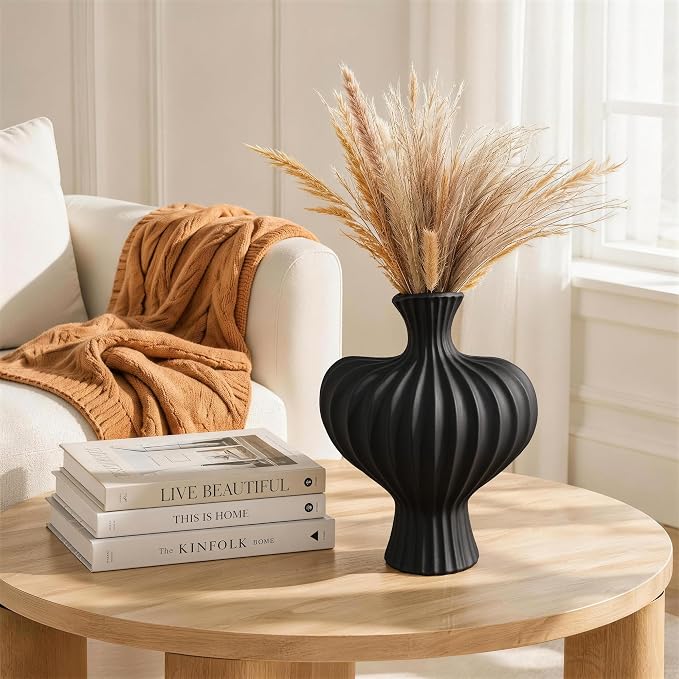 Ceramic Flower Vase Home Decor, 11 in Farmhouse Table Vases Rustic Vintage Living Room Kitchen Bedroom Decorations Pottery Decorative Vases for Flowers House Shelf Coffee Desk Dining Fireplace, Black