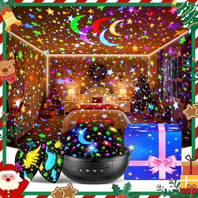 【Gift Box】 Kids Night Light Projector, 【3 Films & 93 Colors】 3 Year Old Boy Toys, [5 Brightness & Remote Control] 3 Year Old Boy Birthday Gift, Rotate Christmas Gifts for Kids Gifts
