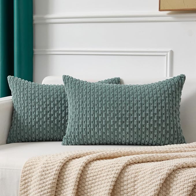 Kevin Textile Soft Corduroy 12"x20" Lumbar Pillow Cover 1 Pack, Teal Green | Boho Stripe Plush Corduroy Decorative Oblong Cushion Cover Modern Farmhouse Home Decor for Sofa Couch Bed Chair