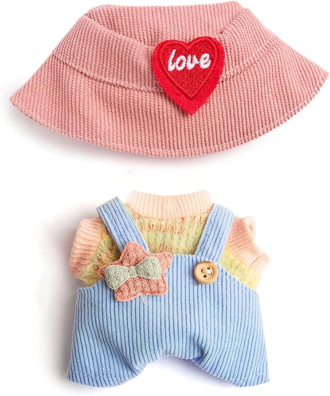 3-Piece Doll Clothes for Labubu & 17cm Dolls – Stylish Fisherman Hat Set, Kawaii Doll Outfits with Accessories for Collectors or Display - Light Blue Star (No Dolls)