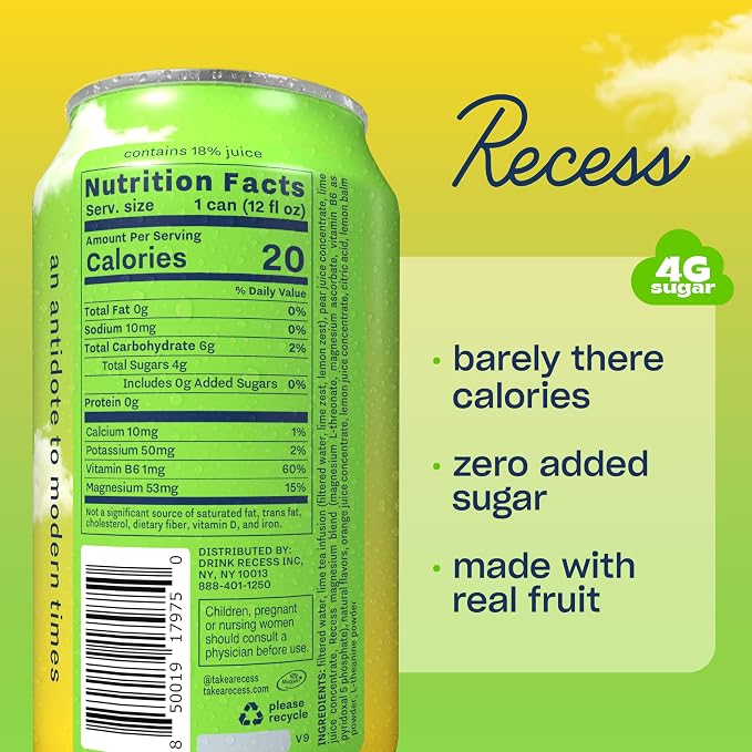 Recess Mood Lime Citrus Functional Sparkling Water, Magnesium & Adaptogen Infused Sparkling Water, 12 Fluid Ounce (Pack of 12)