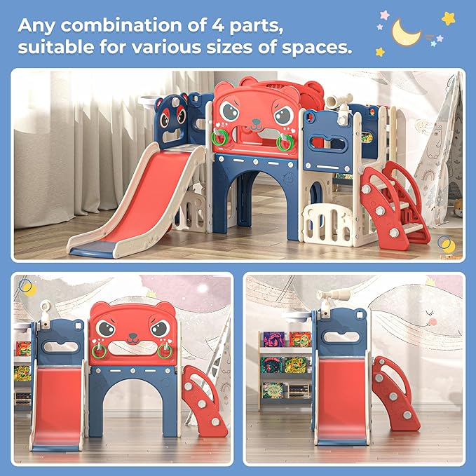 NYEEKOY 9-in-1 Toddler Slide and Climber Playset Freestanding Indoor Outdoor Kids Slide for Age 1-8, Backyard Playground with Basketball Hoop,Telescope,Storage Space