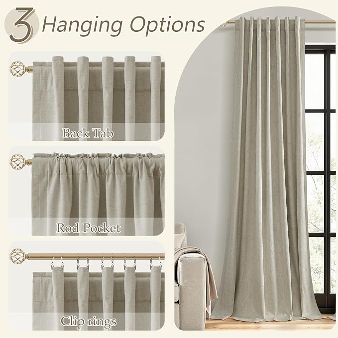 Guken 100% Blackout Linen Curtains for Bedroom 90 inches Long, Thermal Insulated Room Darkening Black Out Drapes for Living Room, Back Tab Rod Pocket 2 Panels Set,Ecru,52x90