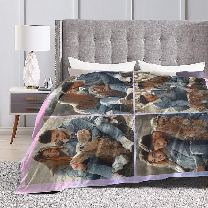 Custom Blanket with Picture Text, Personalized 4 Photo Blanket, HD Printing Customized Flannel Throw Blanket Gifts for Mom Dad Couple Girlfriend Boyfriend Wife Husband Christmas